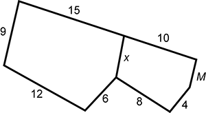 First pentagram has sides of 9, 15, x, 6, and twelve. Second pentagram shares side x, the rest of the sides are 10, M, 4, and 8.